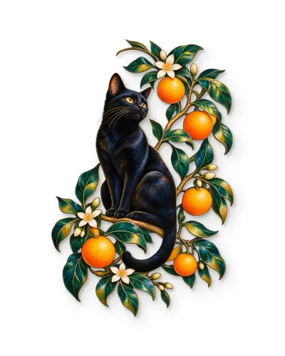 Siyah Kedi ve Portakal Dalı Metal Tablo – beyaz zemin