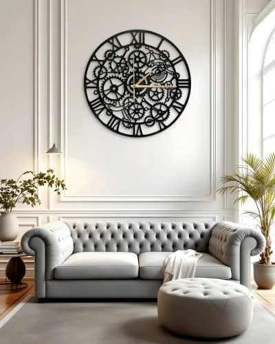 Steampunk Dişli Çarklar Metal Duvar Saati – salon duvarında
