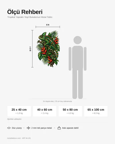 Tropikal Yapraklı Yeşil Bukalemun Metal Tablo – ölçü rehberi