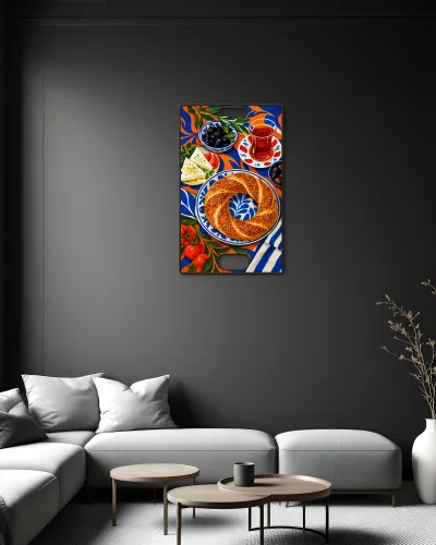 Türk Kahvaltısı Simit Desenli Metal Tablo – salon duvarında