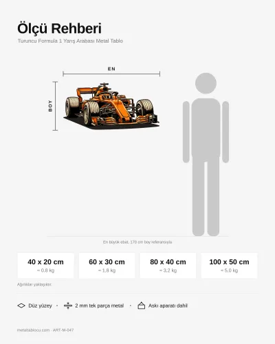 Turuncu Formula 1 Yarış Arabası Metal Tablo – ölçü rehberi