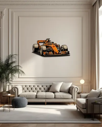 Turuncu Formula 1 Yarış Arabası Metal Tablo – salon duvarında