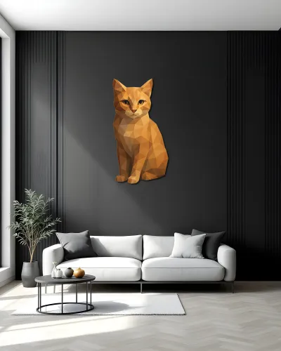 Turuncu Poligonal Kedi Metal Tablo – salon duvarında