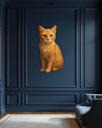 Turuncu Poligonal Kedi Metal Tablo – salon duvarında