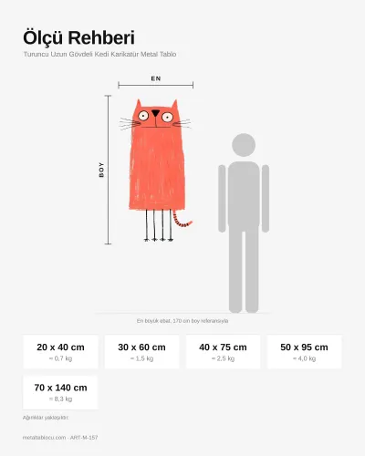 Turuncu Uzun Gövdeli Kedi Karikatür Metal Tablo – ölçü rehberi