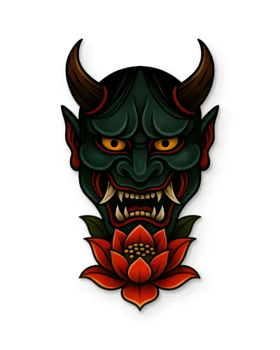 Yeşil Hannya Maskesi Lotus Çiçekli Metal Tablo – beyaz zemin