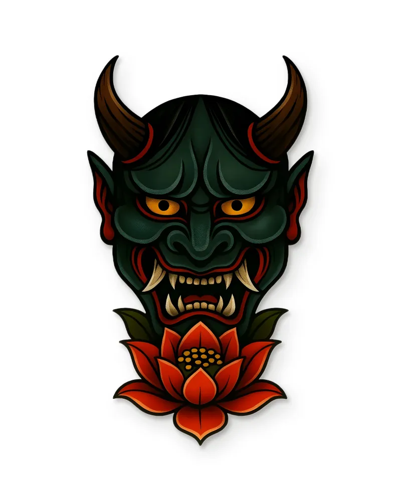 Yeşil Hannya Maskesi Lotus Çiçekli Metal Tablo – beyaz zemin