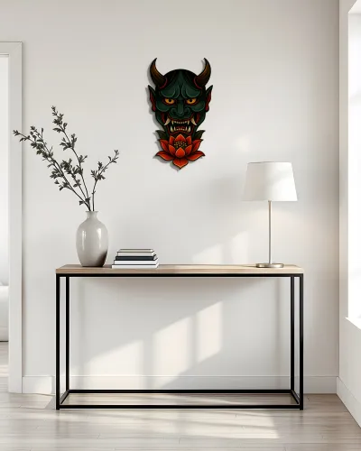Yeşil Hannya Maskesi Lotus Çiçekli Metal Tablo – konsol üzerindeki duvarda