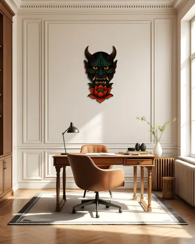 Yeşil Hannya Maskesi Lotus Çiçekli Metal Tablo – ofis duvarında