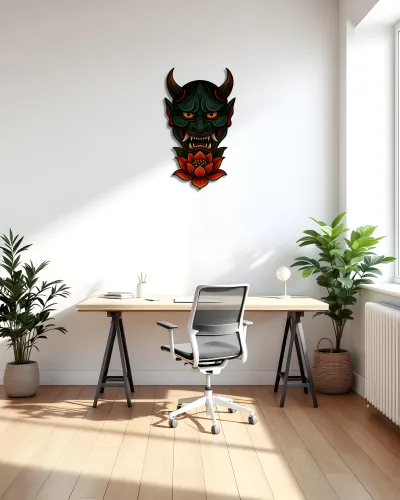 Yeşil Hannya Maskesi Lotus Çiçekli Metal Tablo – ofis duvarında