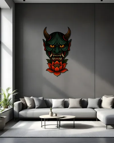 Yeşil Hannya Maskesi Lotus Çiçekli Metal Tablo – salon duvarında