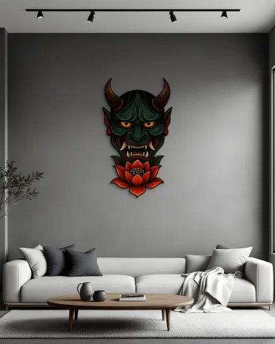 Yeşil Hannya Maskesi Lotus Çiçekli Metal Tablo – salon duvarında
