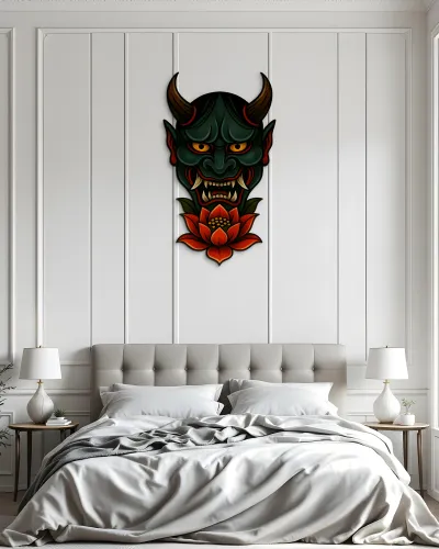 Yeşil Hannya Maskesi Lotus Çiçekli Metal Tablo – yatak odası duvarında