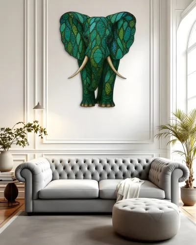 Yeşil Mandala Desenli Fil Metal Tablo – salon duvarında