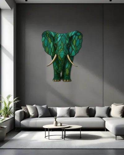 Yeşil Mandala Desenli Fil Metal Tablo – salon duvarında