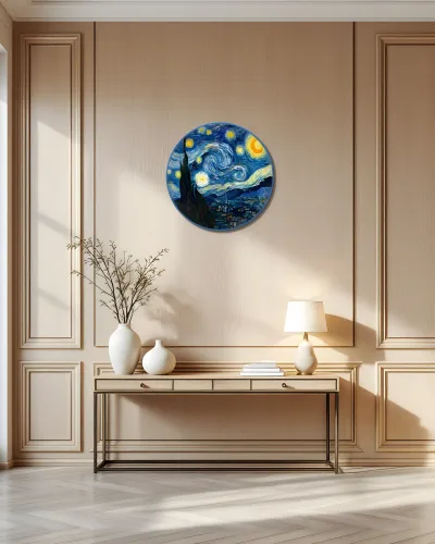 Yıldızlı Gece Van Gogh Temalı Metal Tablo – konsol üzerindeki duvarda