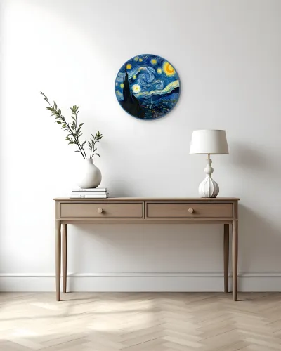 Yıldızlı Gece Van Gogh Temalı Metal Tablo – konsol üzerindeki duvarda