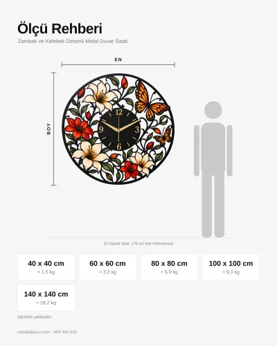 Zambak ve Kelebek Desenli Metal Duvar Saati – ölçü rehberi