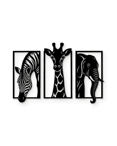 Zebra Zürafa Fil 3 Parça Safari Metal Tablo – beyaz zemin