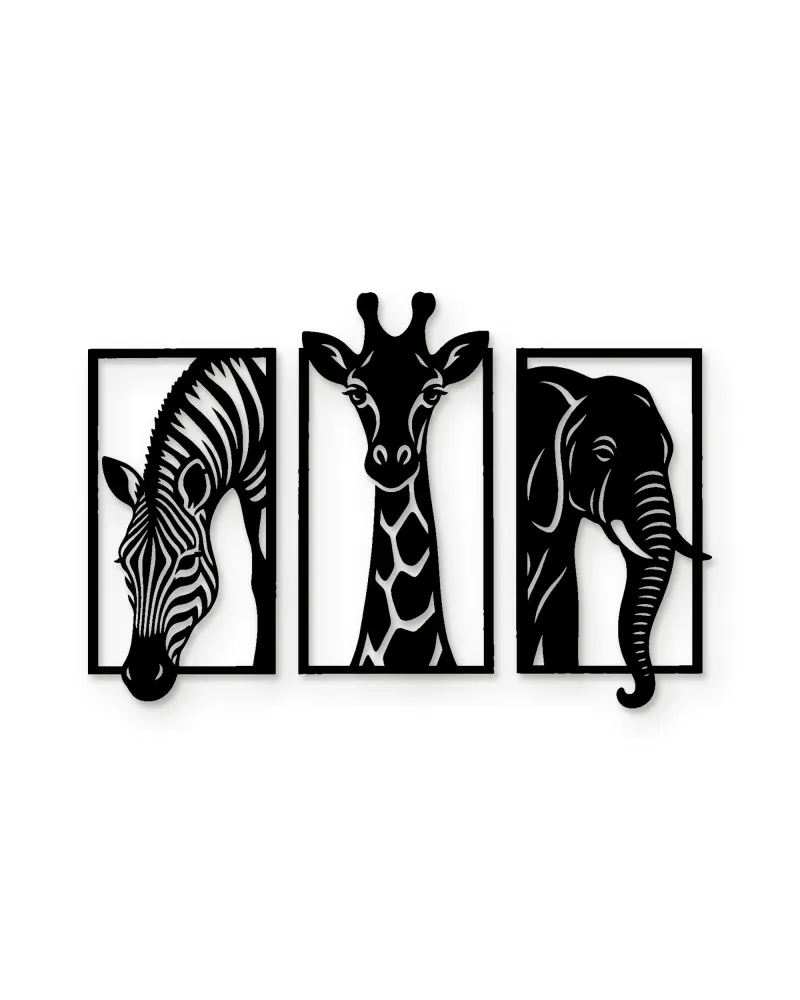 Zebra Zürafa Fil 3 Parça Safari Metal Tablo – beyaz zemin