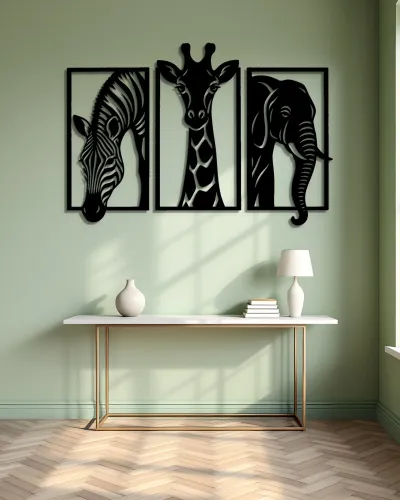Zebra Zürafa Fil 3 Parça Safari Metal Tablo – konsol üzerindeki duvarda