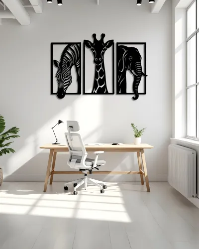 Zebra Zürafa Fil 3 Parça Safari Metal Tablo – ofis duvarında