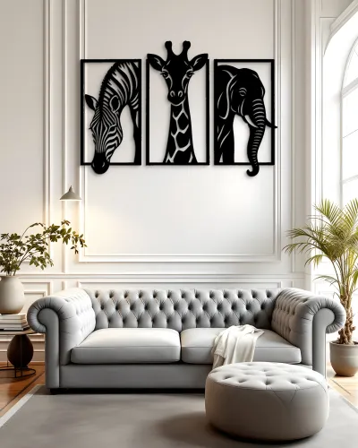 Zebra Zürafa Fil 3 Parça Safari Metal Tablo – salon duvarında
