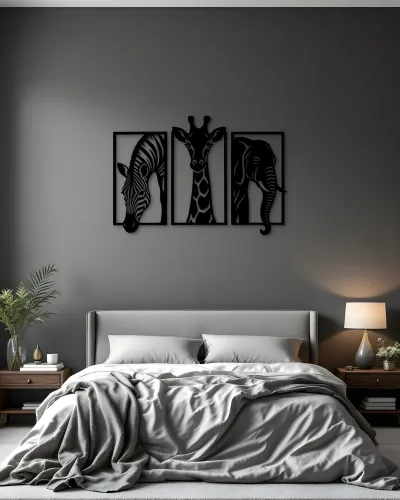Zebra Zürafa Fil 3 Parça Safari Metal Tablo – yatak odası duvarında