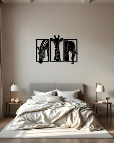 Zebra Zürafa Fil 3 Parça Safari Metal Tablo – yatak odası duvarında