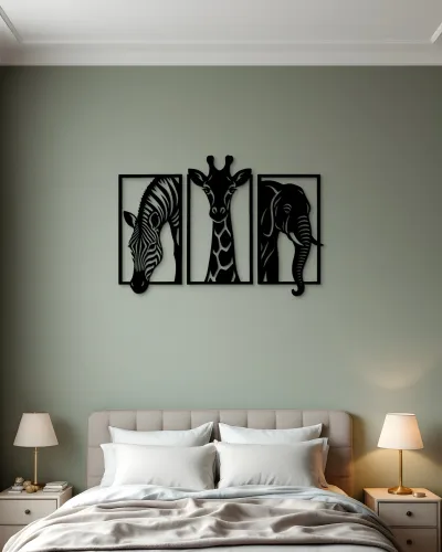 Zebra Zürafa Fil 3 Parça Safari Metal Tablo – yatak odası duvarında